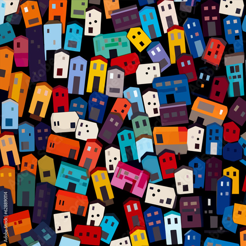 Cityscape with many cute colorful houses from above. City residential district with lots of fun small painted buildings at night. Vector illustration