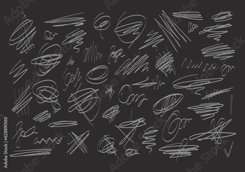 Large set doodle text highlight elements with imitation pen, marker, pencil. Collection of hand drawn scribble chaotic direction line shapes. White vector line illustration on black background.