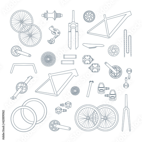 Set of elements, details, components, parts of mtb, gravel, road bikes in doodle line style. Fork, wheels, chain, frame, crank, pedals. Isolated outline vector illustration