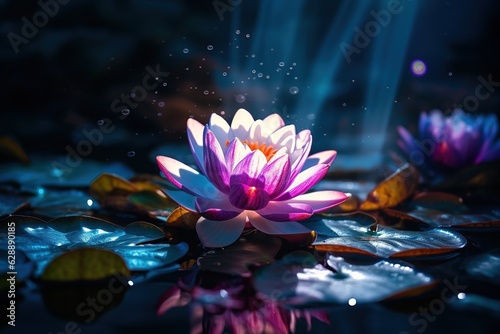 Beautiful pink water lily or lotus flower on dark background.Generative Ai