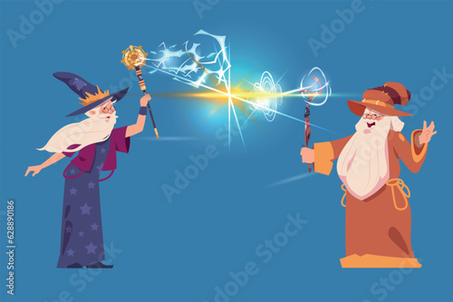 Cartoon wizards battle. Merlin and senior sorcerer attacking with magical spells. Warlocks staff and magicians wand. Magic fight. Fairytale elderly characters. Vector fantasy illustration
