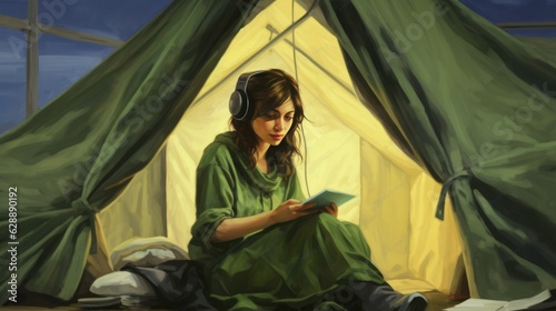 A Young Woman Enjoying Music and Reading in Her Tent Fictional Character Created By Generative AI