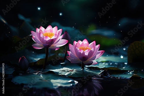 Beautiful pink water lily or lotus flower on dark background.Generative Ai