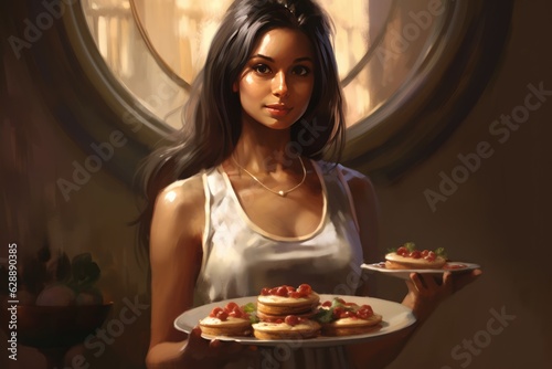 A Serene and Gorgeous Model Holding a Tray of Pancakes Fictional Character Created By Generative AI