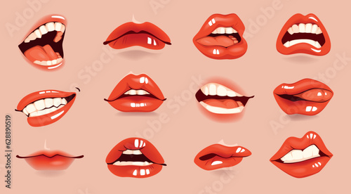 Mouth emotions, red glossy lips. Smile with white teeth, happy laugh, man kiss female, girl lipstick, characters body part for animation. Isolated elements. Beautiful makeup. Vector cartoon set