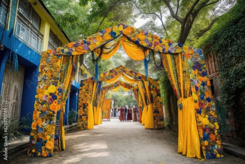 Festive Outdoor Event with Yellow and Orange Drapes and Flowers © shelbys