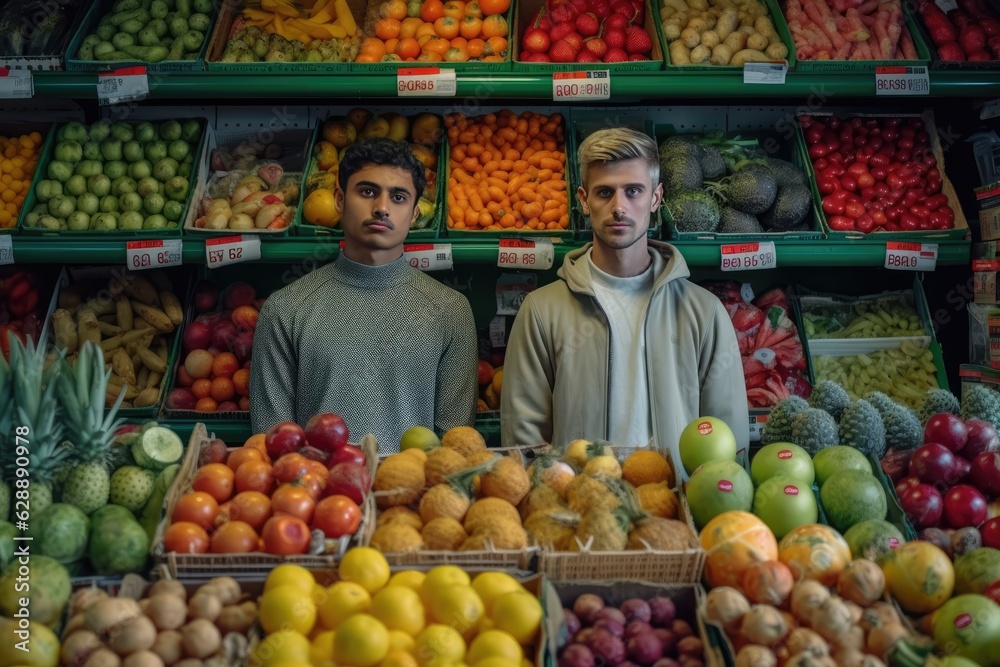 Two Men Posing at Fruit Stand in Grocery Store Fictional Character Created By Generative AI
