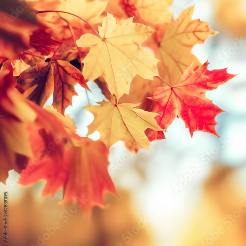 Autumn maple leaves in park. Yellow  red and orange colors. Airy tree branch against blurred sky. Fall in nature and weather concept