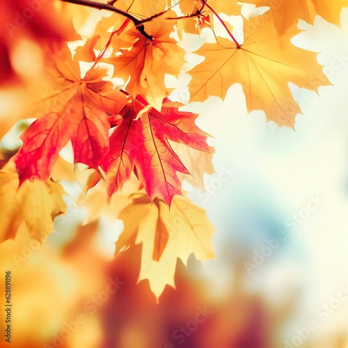 Autumn maple leaves in park. Yellow  red and orange colors. Airy tree branch against blurred sky. Fall in nature and weather concept