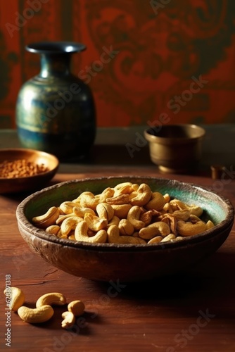 A bowl full of cashew nuts on a wooden table Created By Generated AI.