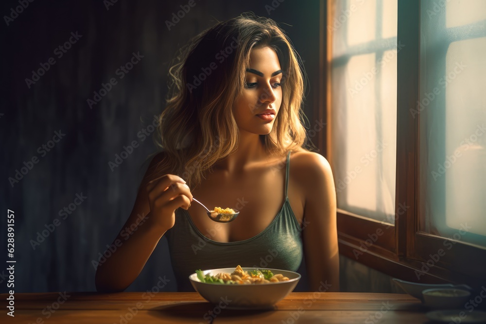 Beautiful woman enjoying a bowl of soup at a wooden dining table Fictional Character Created By Generative AI Beautiful woman enjoying a bowl of soup at a wooden dining table Fictional Character Created By Generative AI