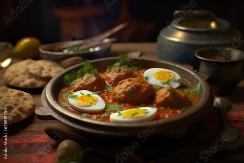 A delicious and hearty stew featuring eggs, meat, and spices.
