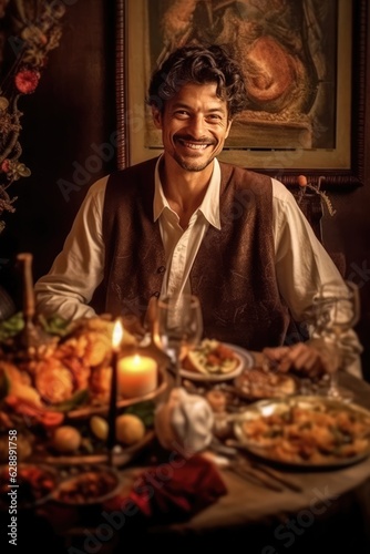A Happy Man Sitting at a Dinner Table with a Plentiful Feast Fictional Character Created By Generative AI
