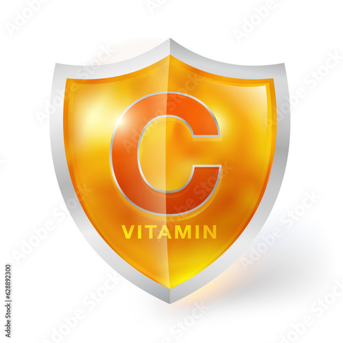 Vitamin C shield isolated on white background. Protect your body with a crystal clear orange shield. To advertise body vitamins, nutritional supplements, food nutrition, medical concepts.