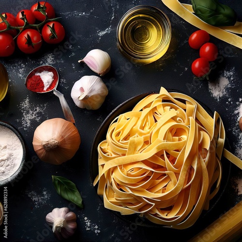 Fettuccine with ingredients for cooking italian pasta on dark background, top view