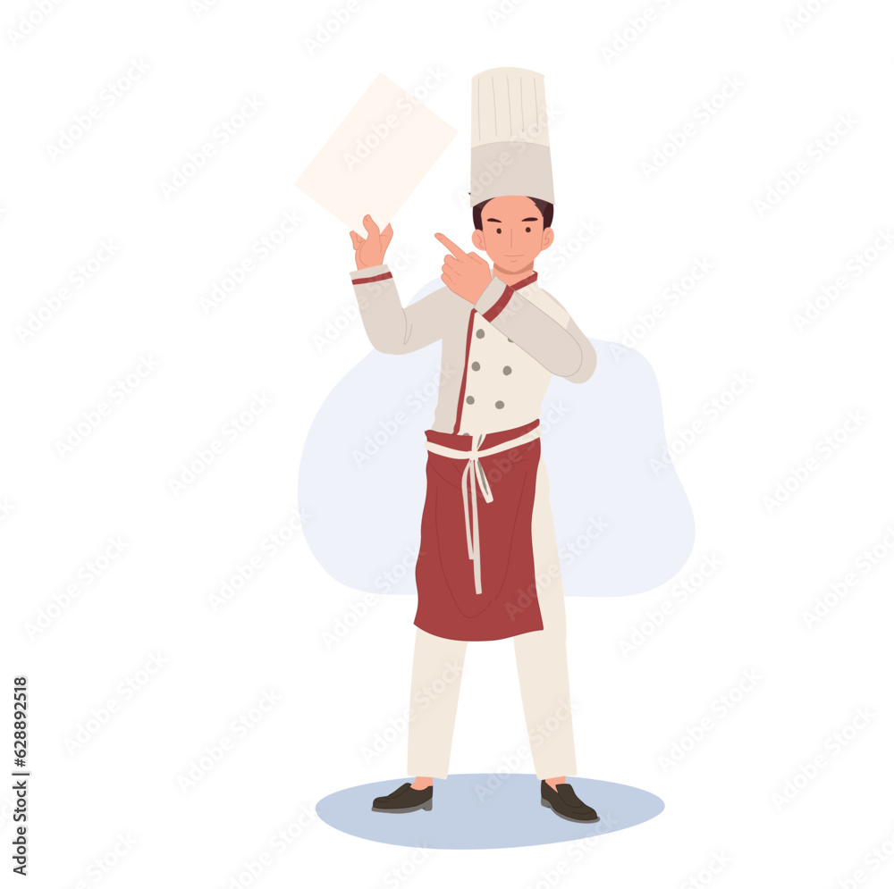 Full-Length Chef Illustration. Male Chef showing Recommend Menu. chef Pointing Finger to Recommend Menu. Flat vector cartoon illustration Full-Length Chef Illustration. Male Chef showing Recommend Menu. chef Pointing Finger to Recommend Menu. Flat vector cartoon illustration