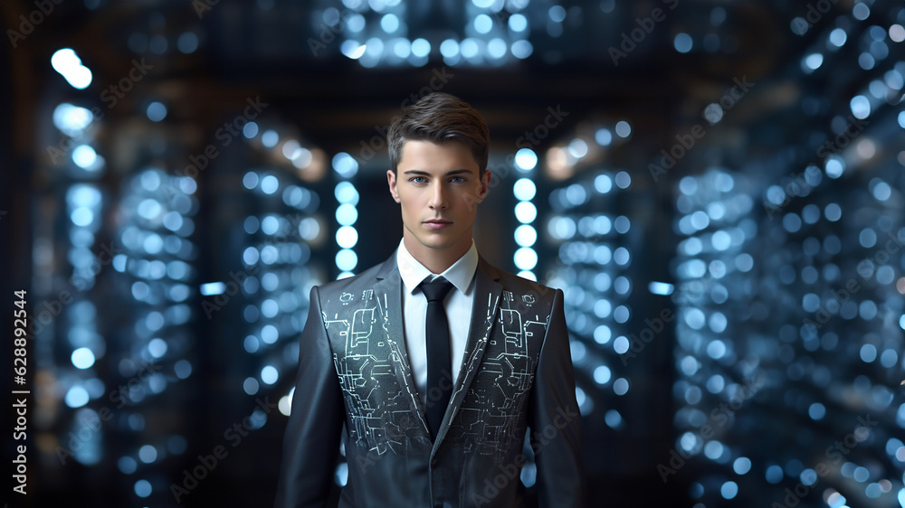 Fototapeta premium Geschäftsmann schick im Anzug futuristischen schönen LED Lichter im Hintergrund Porträt, ai generativ