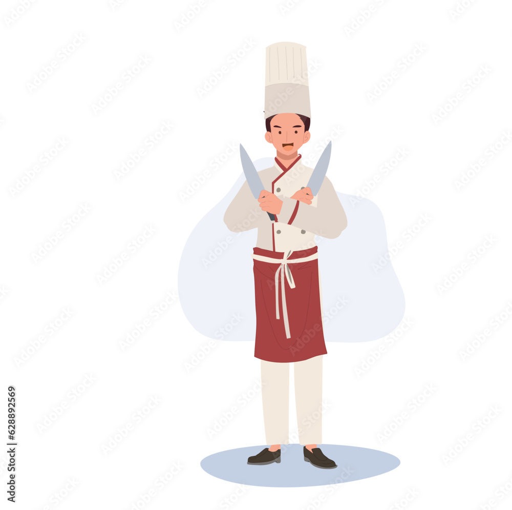 Culinary Professional concept. Chef in Chef Hat and Uniform Crossed Arms with Knife. Flat vector cartoon illustration Culinary Professional concept. Chef in Chef Hat and Uniform Crossed Arms with Knife. Flat vector cartoon illustration