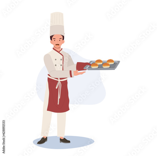 Full-Length Bakery Chef Illustration with Fresh Baked Bun. Flat vector cartoon illustration