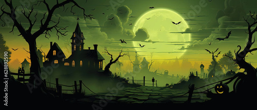 Eerie Halloween Illustration Dreamy Fantasy Banner in Haunting Style. Generated AI. photo