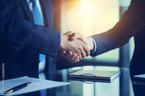 Partnership. two business people shaking hand after business job interview in meeting room office, negotiation, investor, success, partnership, teamwork, financial, connection concept, Generative AI