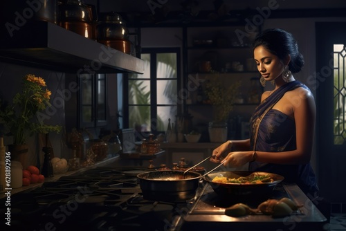 A woman is cooking dinner over a stove in her kitchen Fictional Character Created By Generative AI