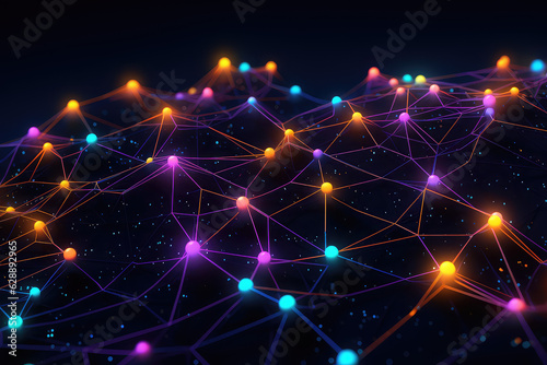 Grid with lighting nodes, electrical chain on dark background. Creative concept wallpaper of communication, technology and world wide web. 