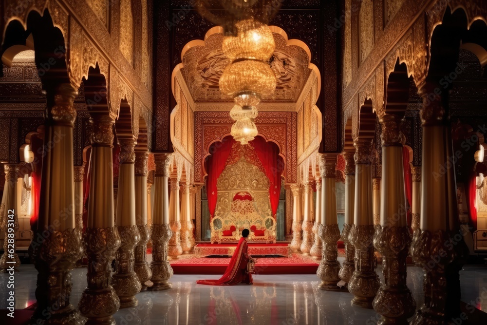 A luxurious and ornate palace room featuring a queen sitting on a red and gold bed.
