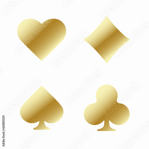 Set of collection gambling gold sign symbol of playing card suits and chip or token for web site or mobile app about poker and casino. Hearts, clubs, diamonds and spades on an white background.