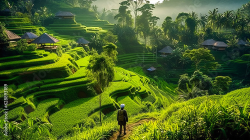 Enchanting Indonesian village Bena in lush green terraces, traditional tribesman clothed in tone-matching ikat engaging with serene nature. Generative AI photo