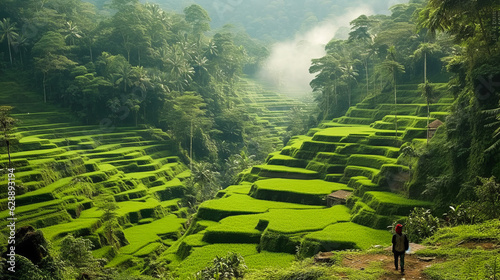 Breathtaking Indonesian terraced village, Bena, with a local tribesman in traditional green ikat cloth overlooking lush terrain. Generative AI photo