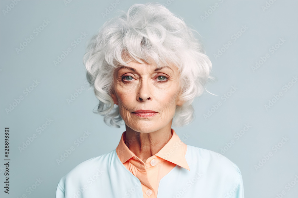 Beautiful elderly woman with gray hair smiling at the camera. Happy old age concept Beautiful elderly woman with gray hair smiling at the camera. Happy old age concept