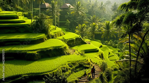 Majestic Indonesian village of Bena in vibrant green terraced landscape, with local tribesman elegantly dressed in traditional ikat cloth. Generative AI photo