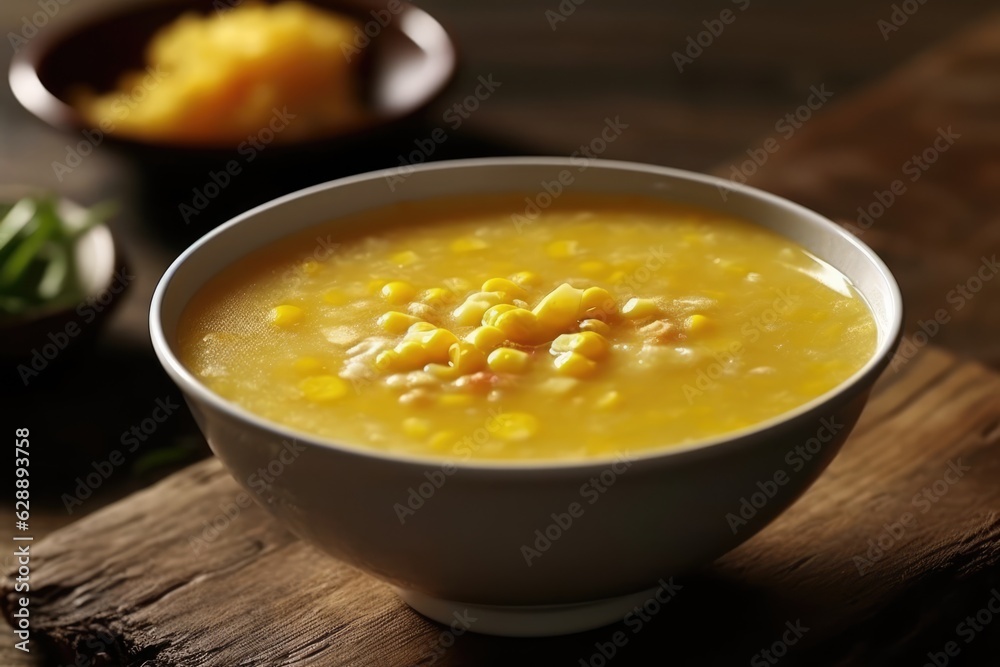 Warm and Comforting Corn Soup in a White Bowl Warm and Comforting Corn Soup in a White Bowl