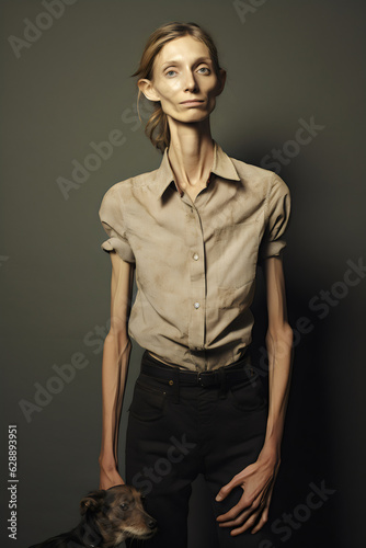 emaciated thin woman with pet dog isolated on plain gray studio background  photo