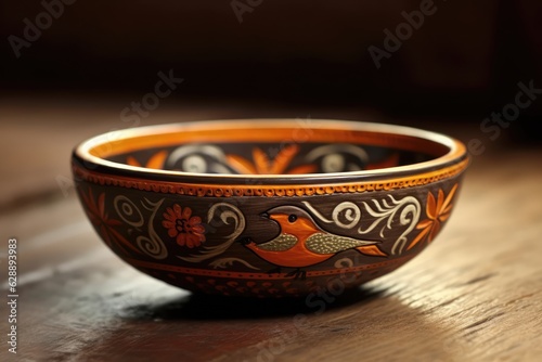 Decorative Orange and Black Bowl with Bird Design