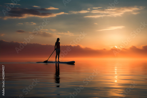 woman silhouette standing on paddle board with oar at distance watching sunset in clouds © Ricky