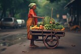 A woman carrying a cart of fresh produce through the streets. Fictional Character Created By Generative AI
