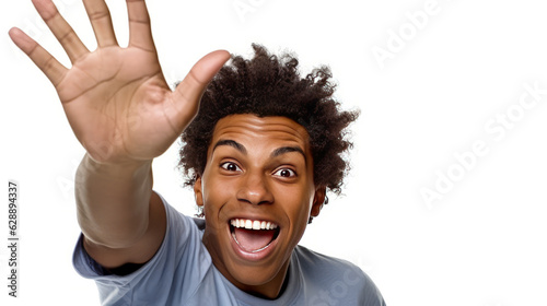 Captivating image of a joyous, young black man giving a high five. Fashionably dressed with blond hair, blue color theme, expressing enthusiasm. Generative AI