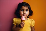 A Young Girl Enjoying a Pink Cone of Ice Cream Fictional Character Created By Generative AI