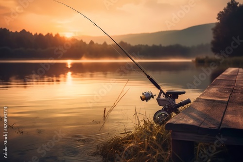 Fishing rod near water, generative ai