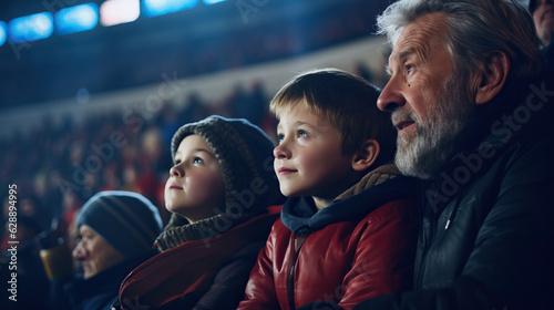 Grandfather and Grandsons at Hockey Game. Sitting in the Stands Watching the Play. Cold Winter. Concept of Sports, Bonding, Love, and Small Moments.