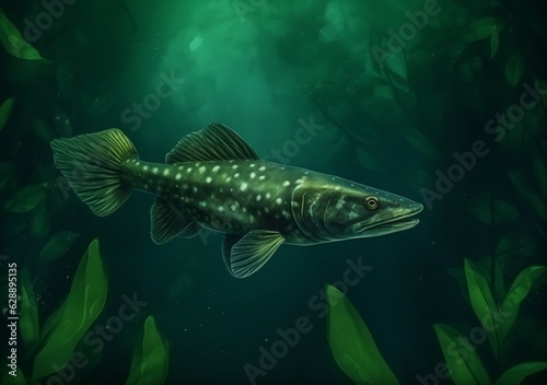 Fish under the water among seaweed, generative ai