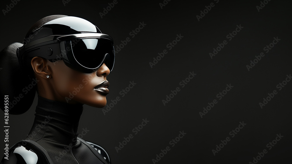 Frau Gesicht mit modischer futuristischer Cyberspace Brille VR im seitlichen Profil mit tollen Makeup in der Farbe schwarz Nahaufnahme, ai generativ