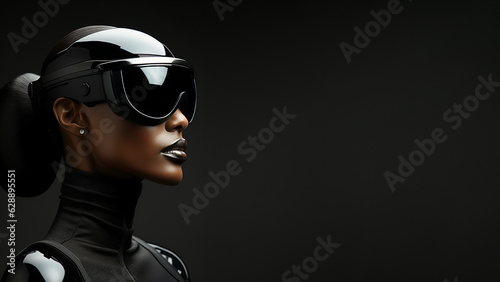 Frau Gesicht mit modischer futuristischer Cyberspace Brille VR im seitlichen Profil mit tollen Makeup in der Farbe schwarz Nahaufnahme, ai generativ © www.freund-foto.de
