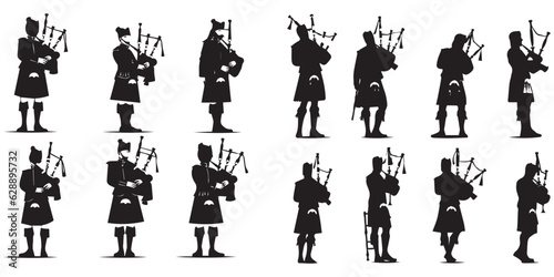 Set of Scottish man bagpipers in traditional dress silhouette vector on white background