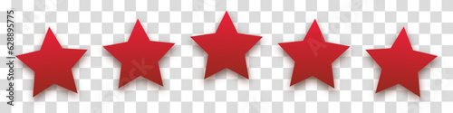 Five red stars with a shadow on a transparent background. Ranking concept for apps, games or website. The concept of feedback and evaluation of support. Vector illustration.
