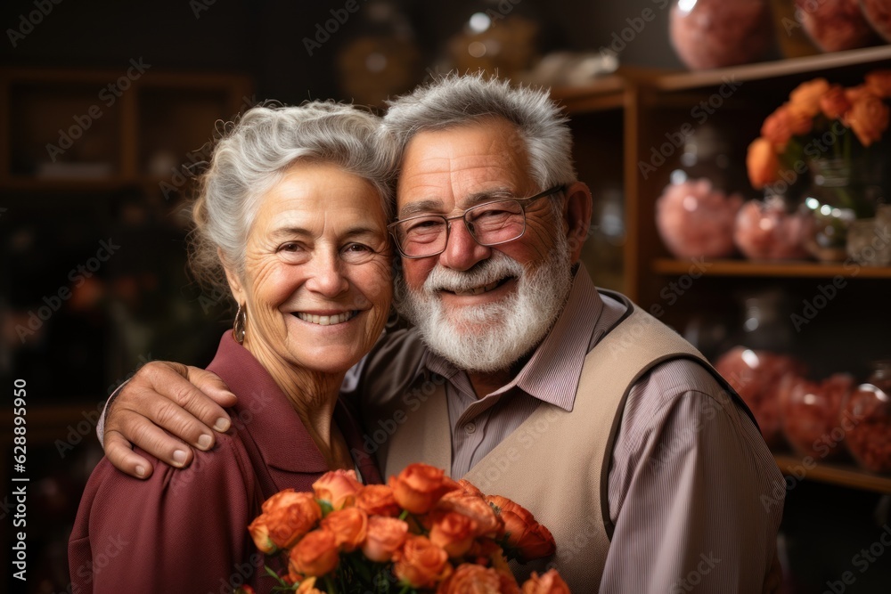 Retired couple hugging with a smile indoors. Retired couple hugging with a smile indoors.