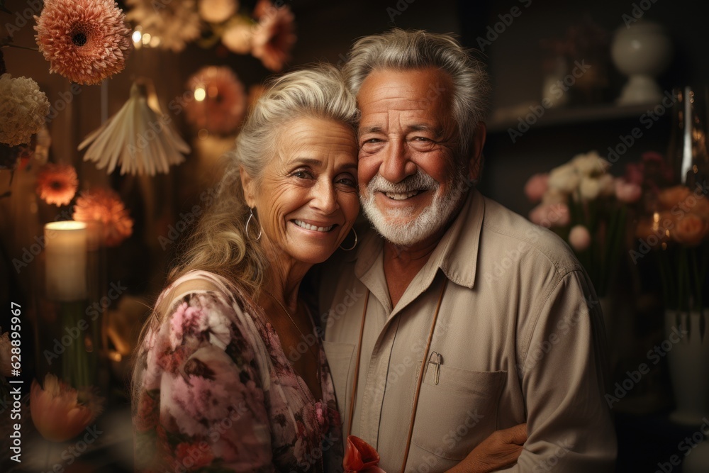 Retired couple hugging with a smile indoors.