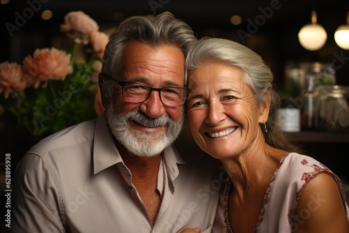 Retired couple hugging with a smile indoors.